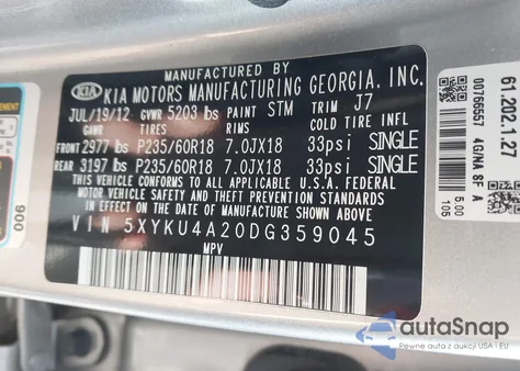 2013 Kia Sorento Ex V6 from USA, damaged, VIN 5XYKU4A20DG359045
